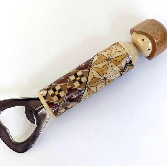 Japanese "Yosegi-zaiku" Marquetry Kokeshi Style Bottle Opener Handmade Folk Art - Picture 1 of 12